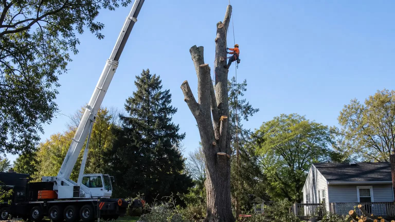 Large tree being professionally removed in a suburban yard.