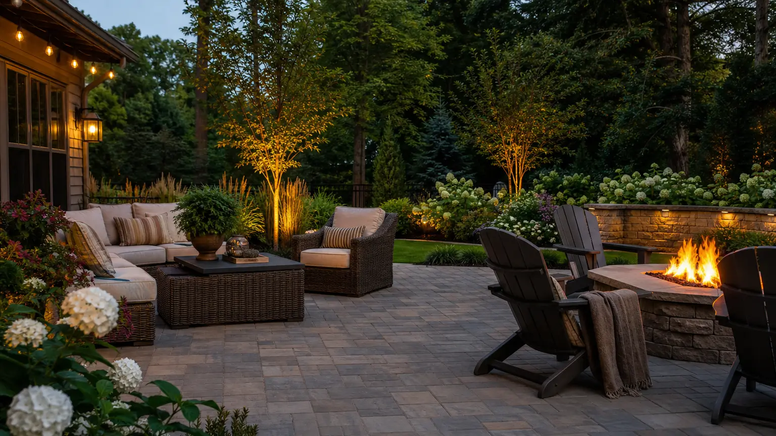 Finished paver patio with furniture in a landscaped backyard.