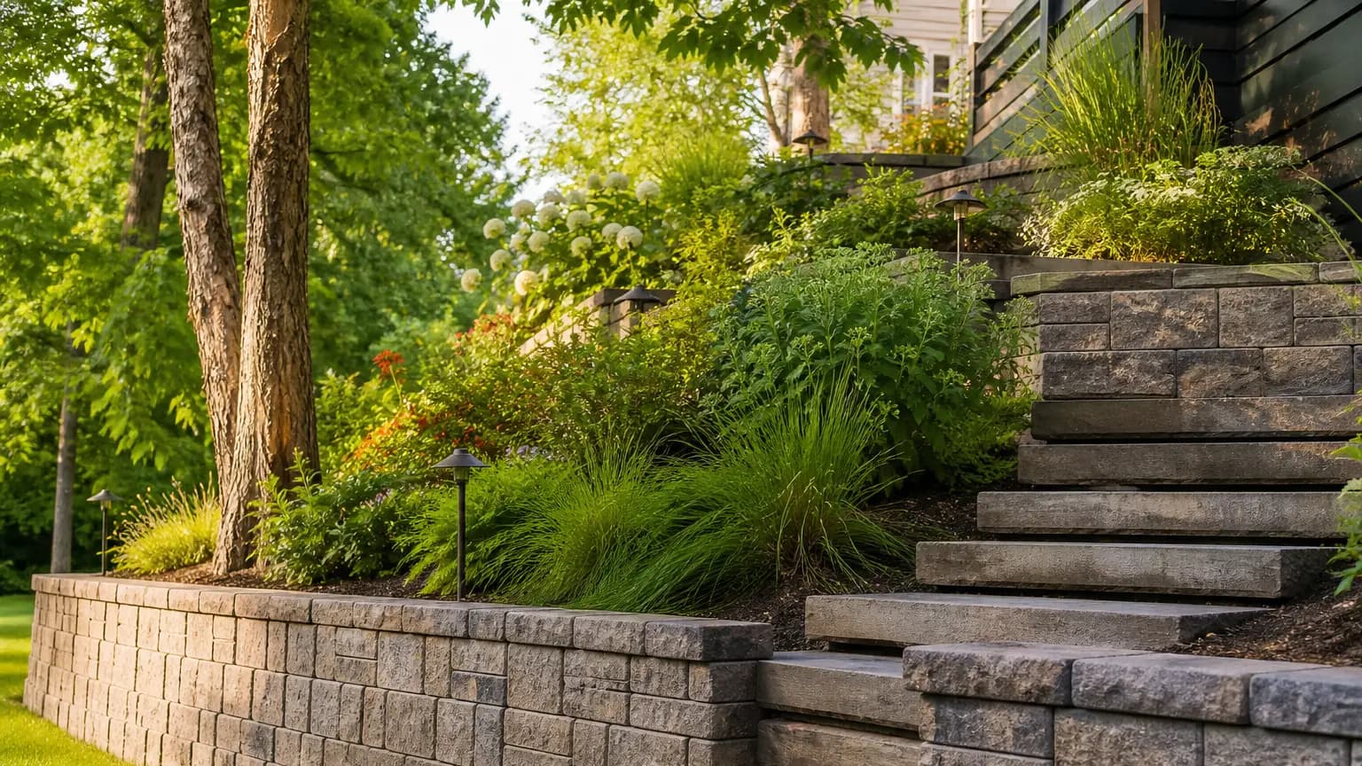 Segmental retaining wall terracing a planted yard.