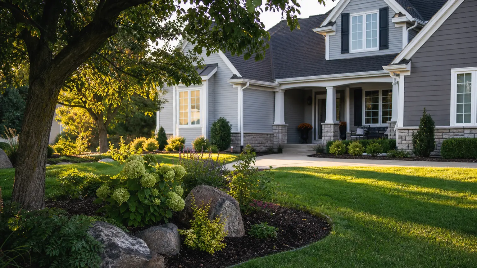Renovated front-yard landscape with fresh beds and sod.
