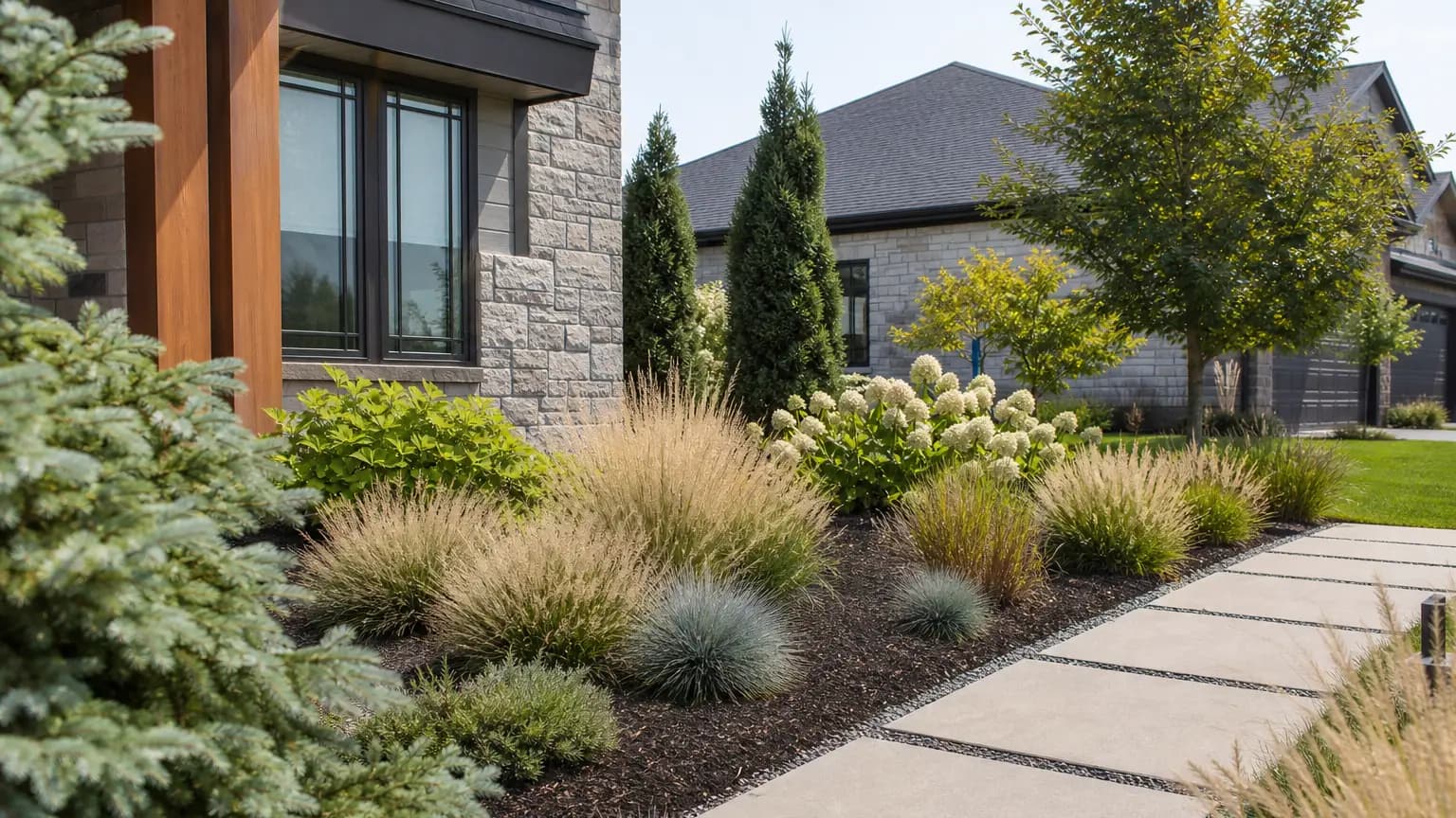 Tidy low-maintenance landscape with grasses and evergreens.
