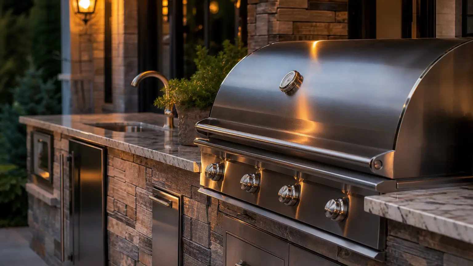 Stone-and-stainless outdoor kitchen detail in warm light.