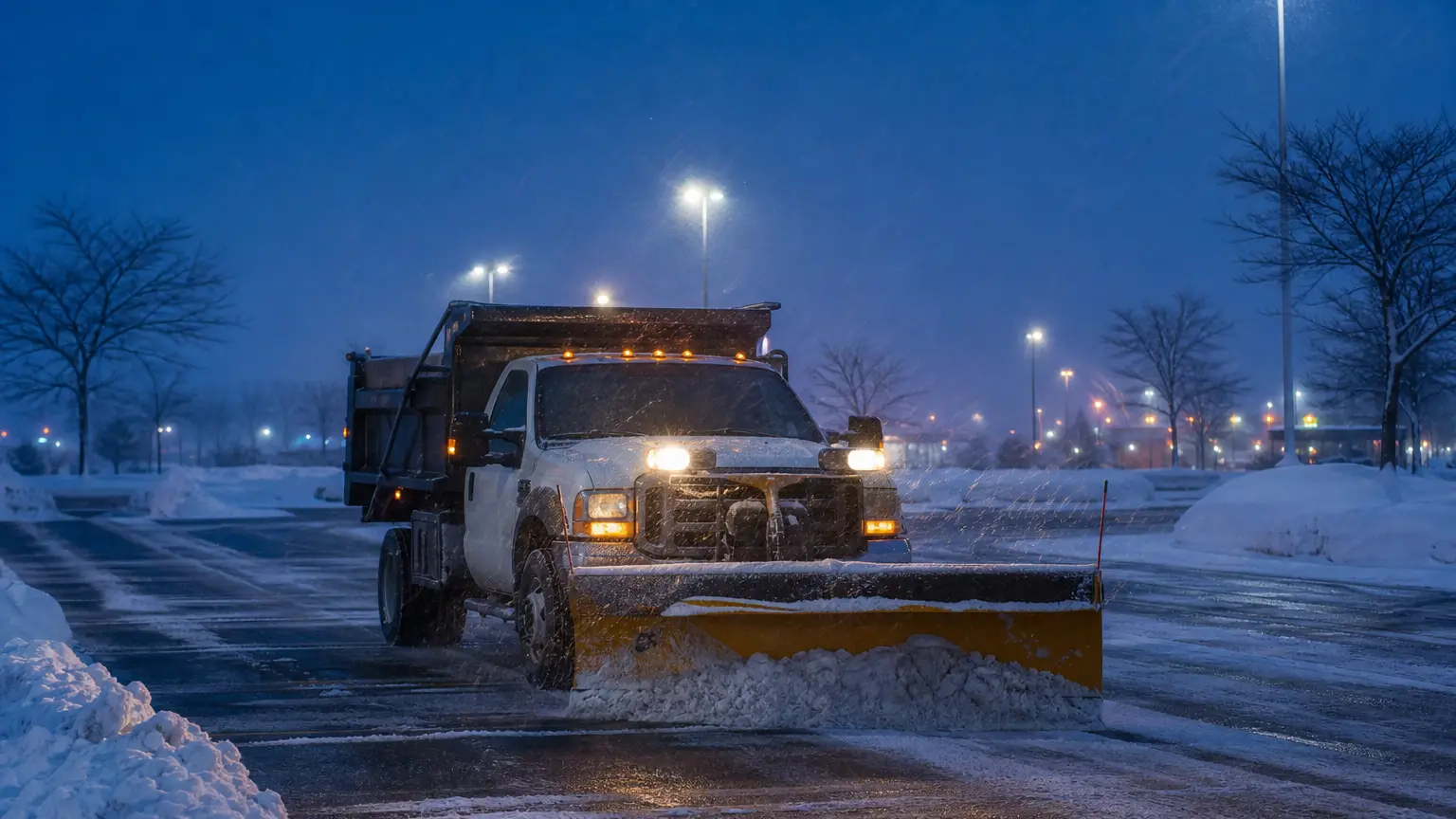Commercial lot mid-plow at blue hour.