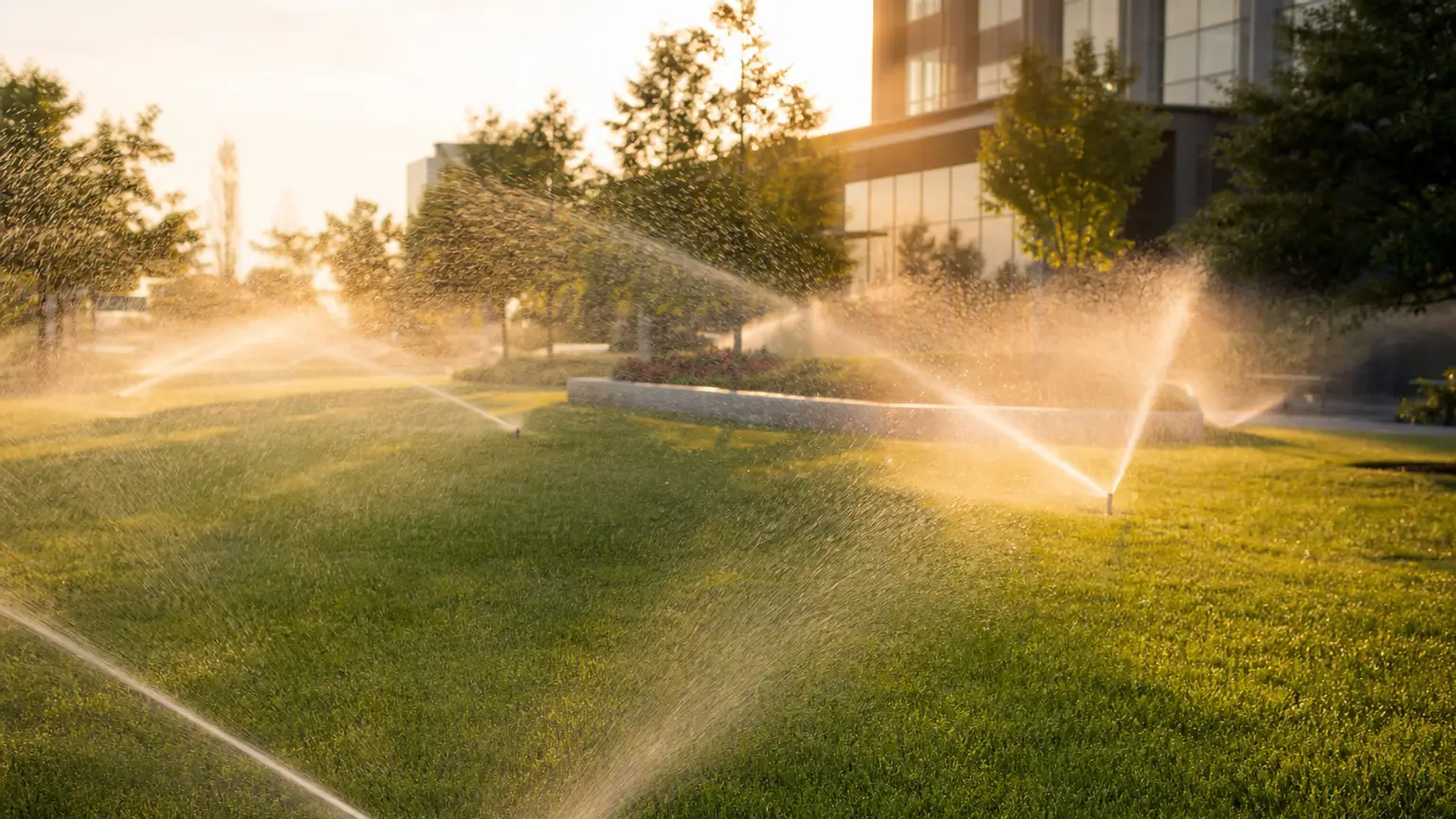 Commercial irrigation system running across a large lawn.
