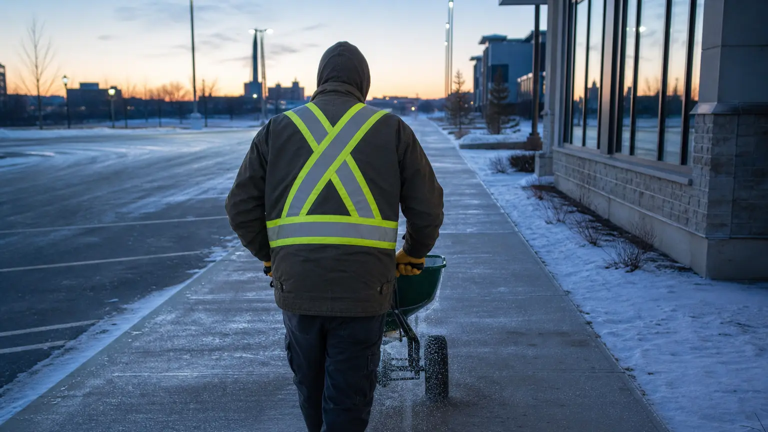 De-icing a commercial walkway at dawn after a freeze.