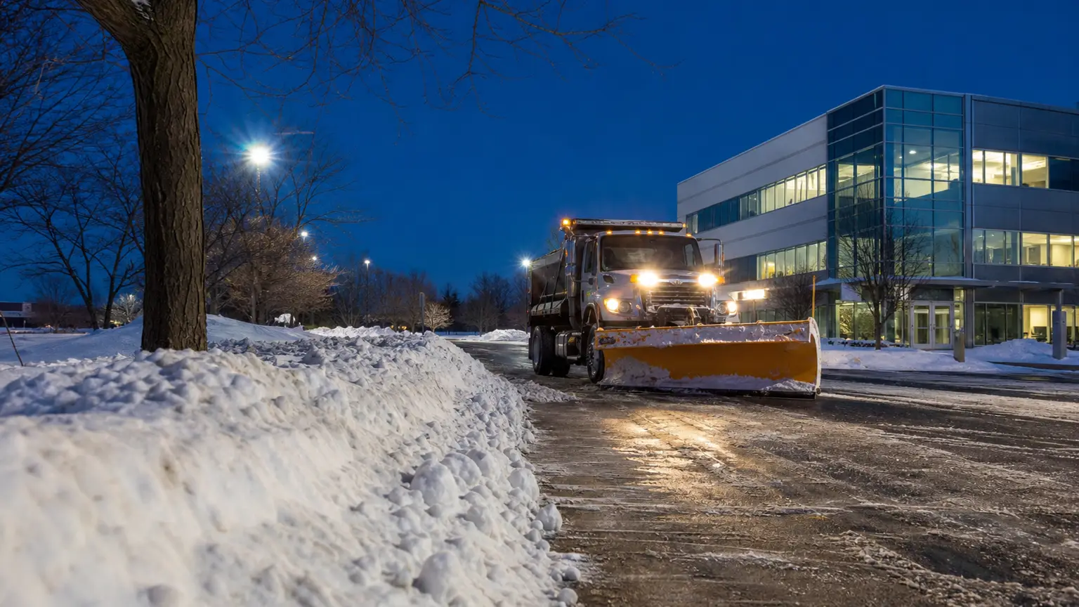 Commercial snow cleanup at an office park at blue hour.
