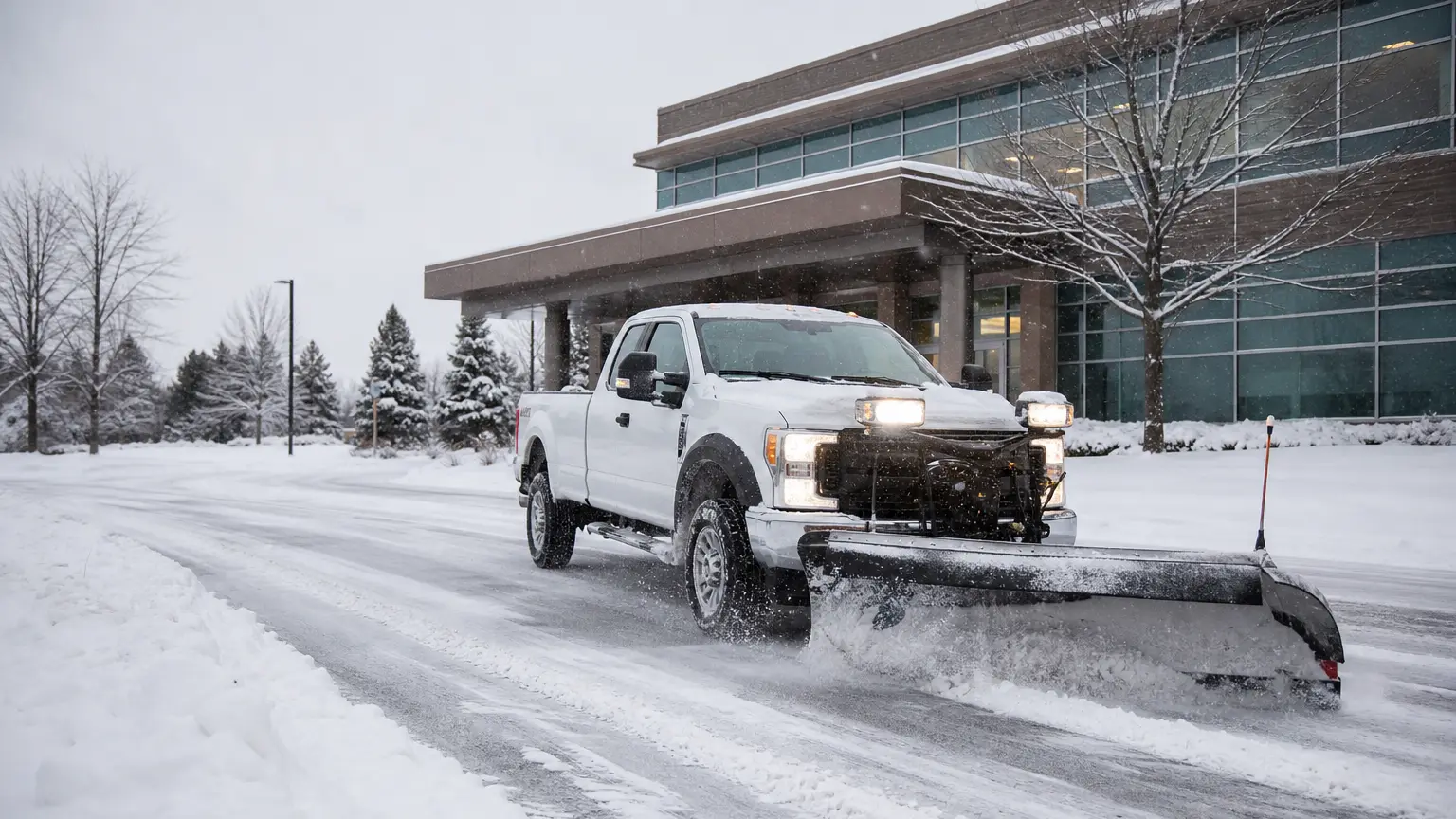 Commercial snow service at a medical building at dawn.