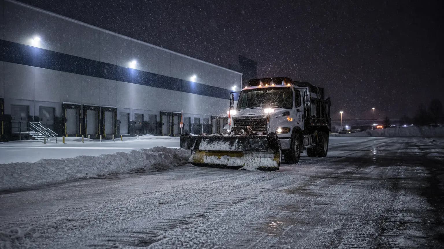 Commercial snow removal at an industrial site at night.