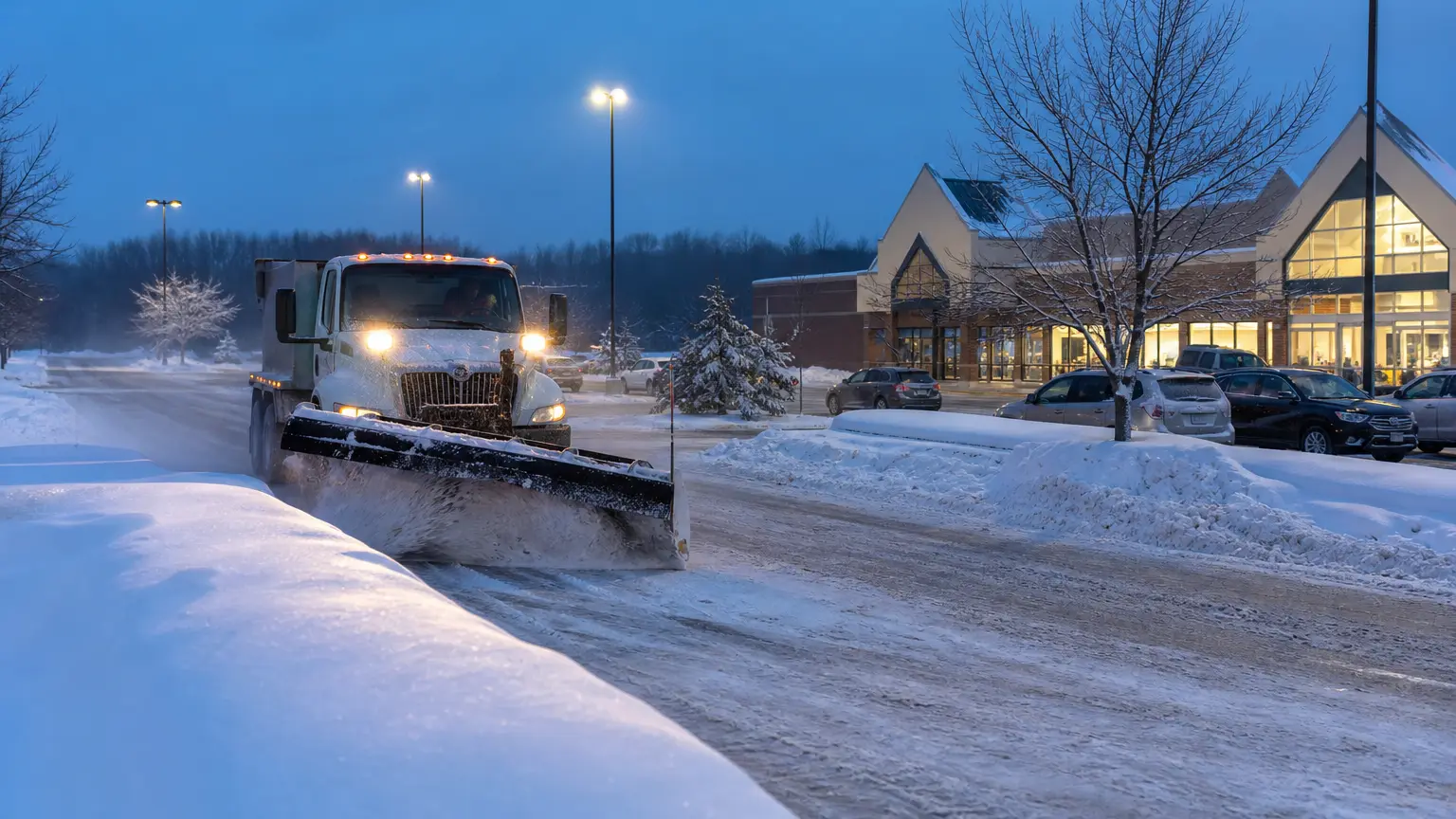 Commercial snow service at a shopping center at dusk.