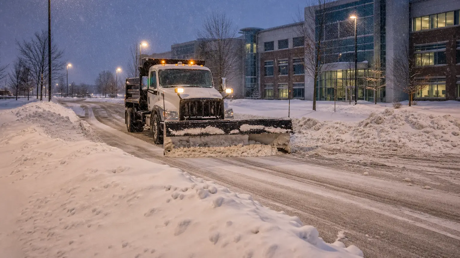 Commercial snow removal at a corporate campus pre-dawn.