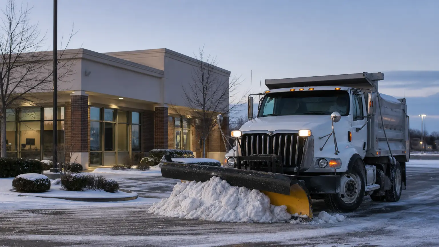 Commercial snow cleanup at a bank at dawn.