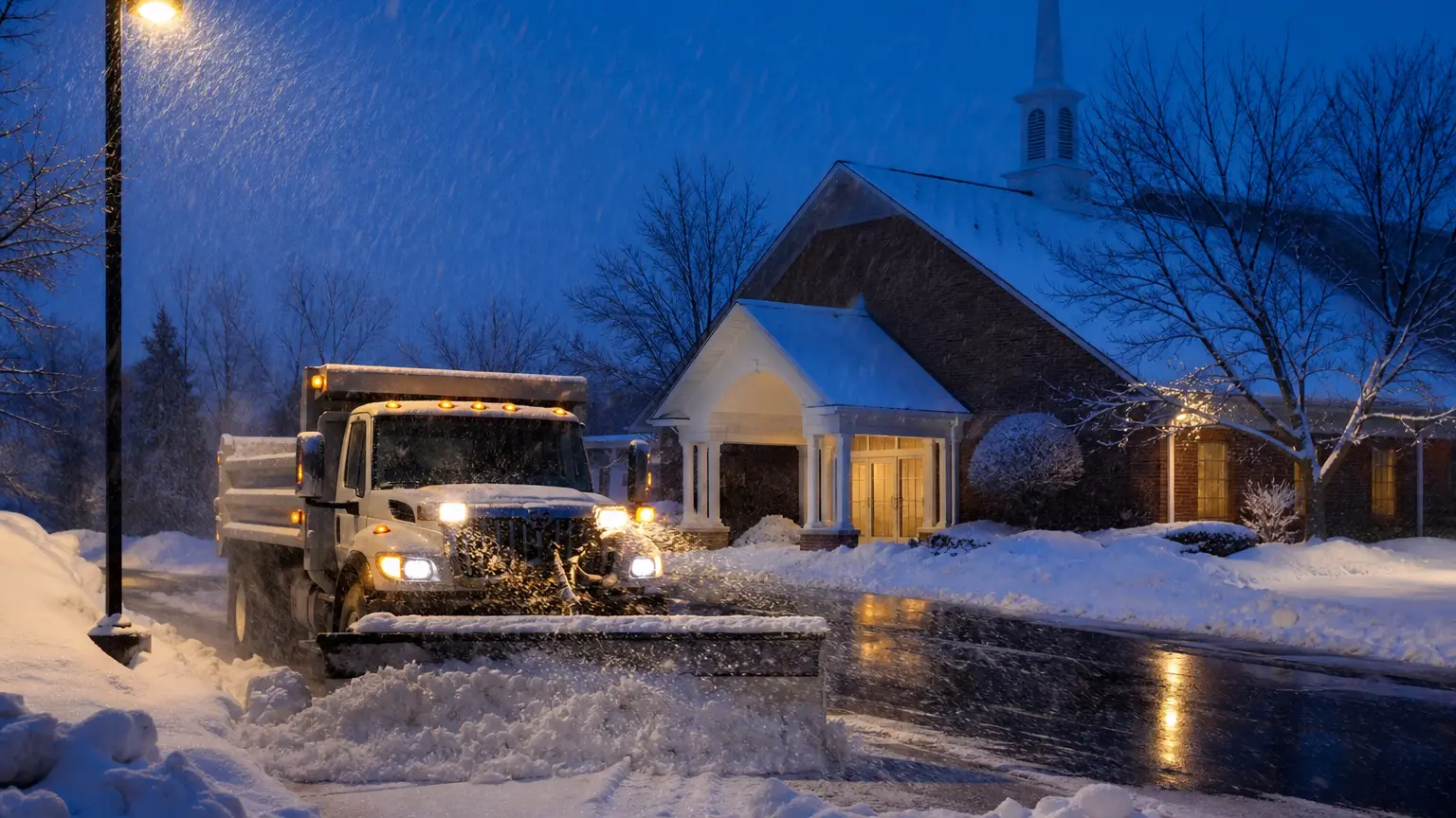 Commercial snow service at a church during snowfall at blue hour.