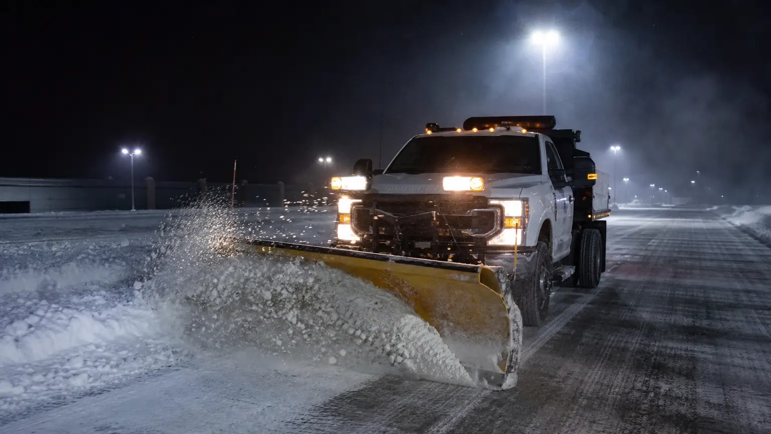 Commercial snow removal at a municipal lot at night.