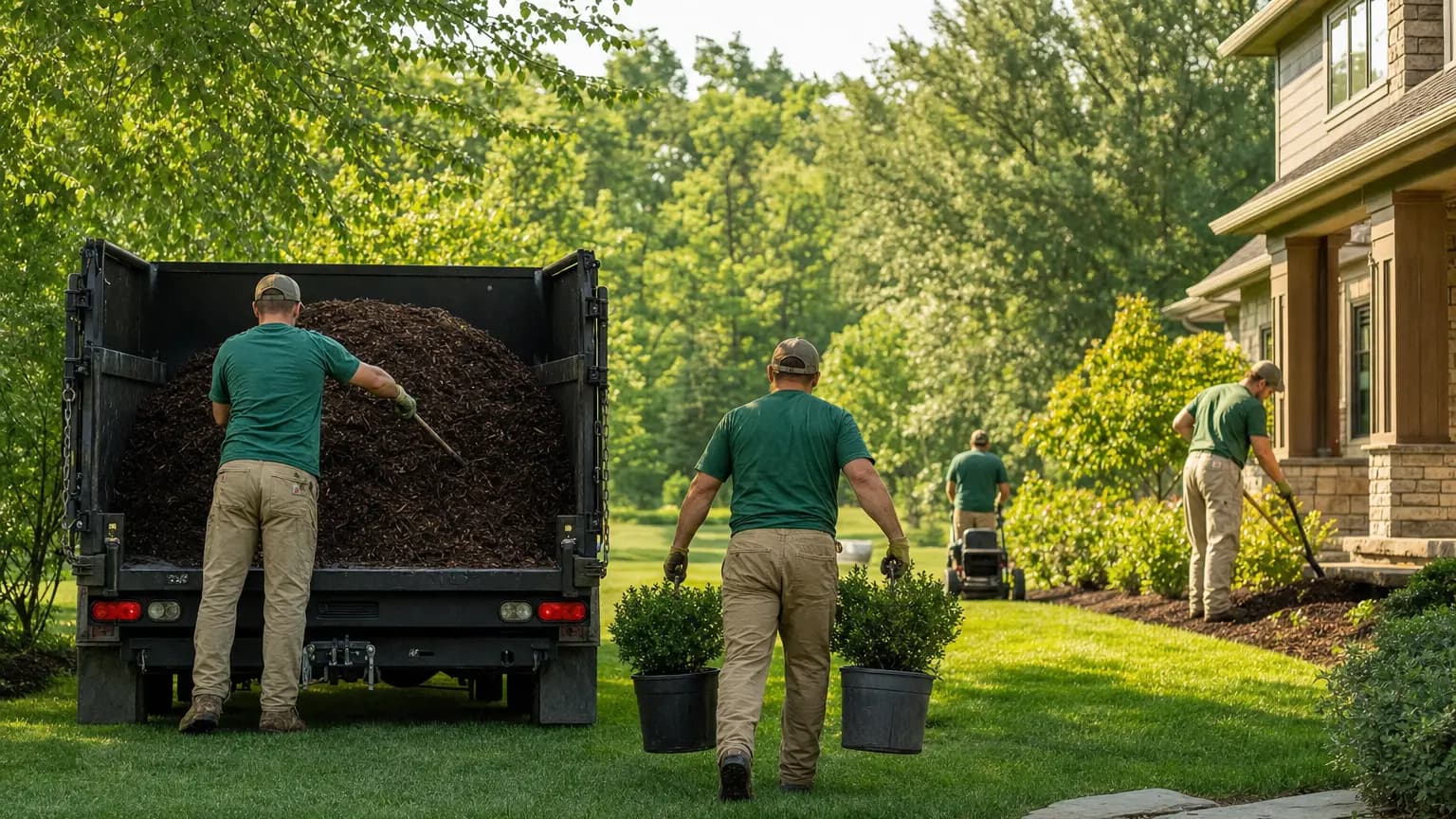 Landscaping crew working together on a summer job site.