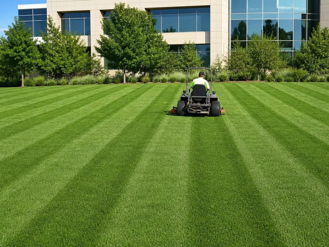 Commercial mower maintaining turf on a corporate campus.