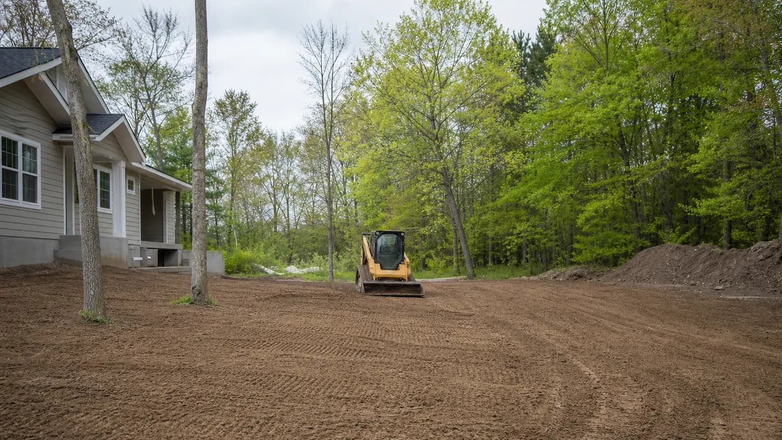 Freshly graded yard being finished ahead of seeding.