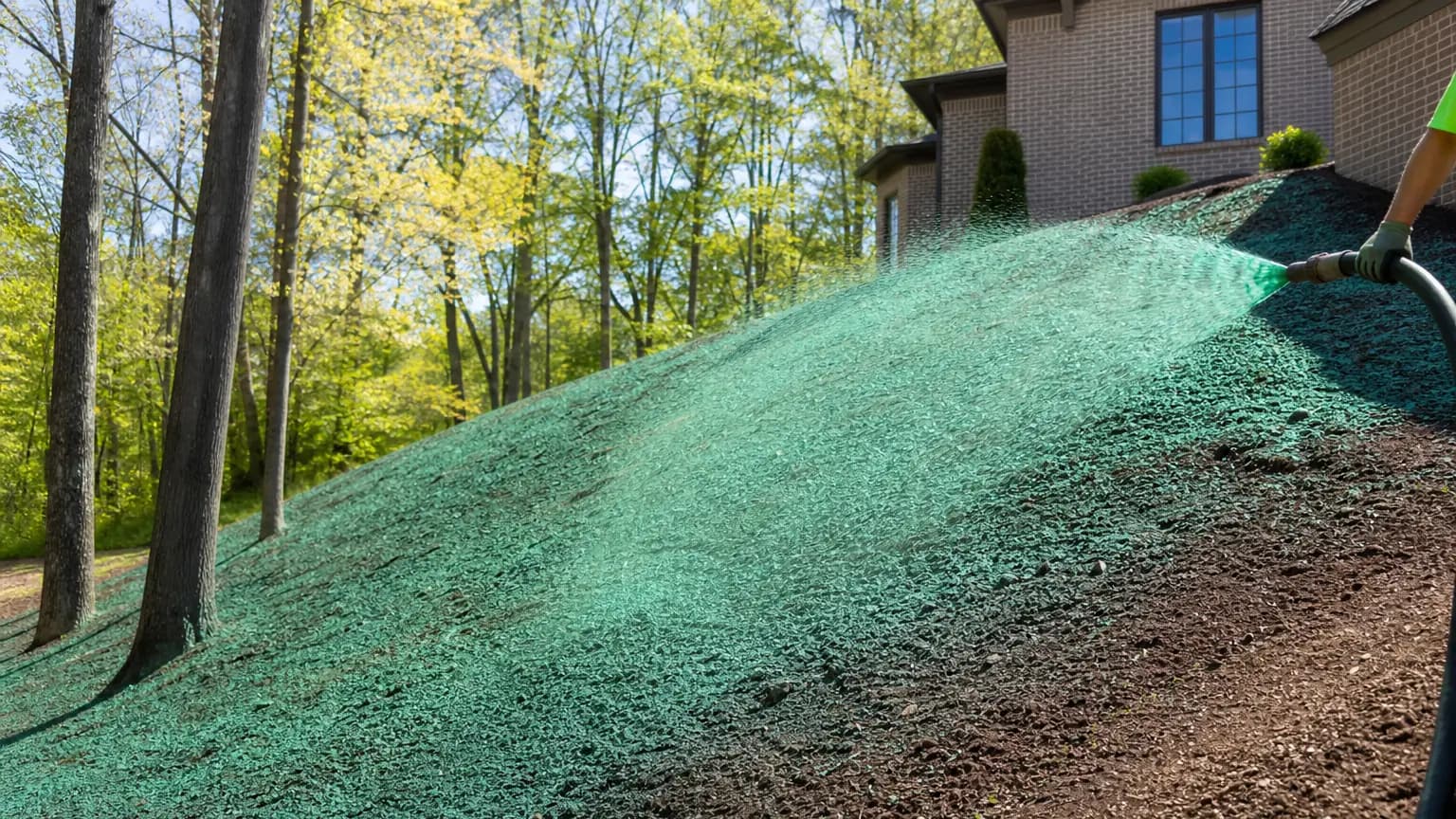 Hydroseeding a graded slope with green mulch slurry.