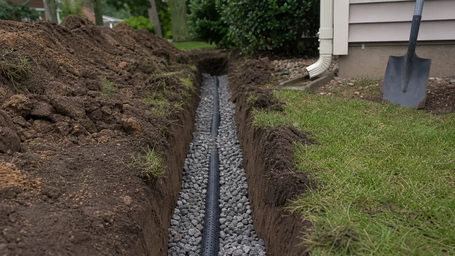 French drain trench with gravel and perforated pipe.