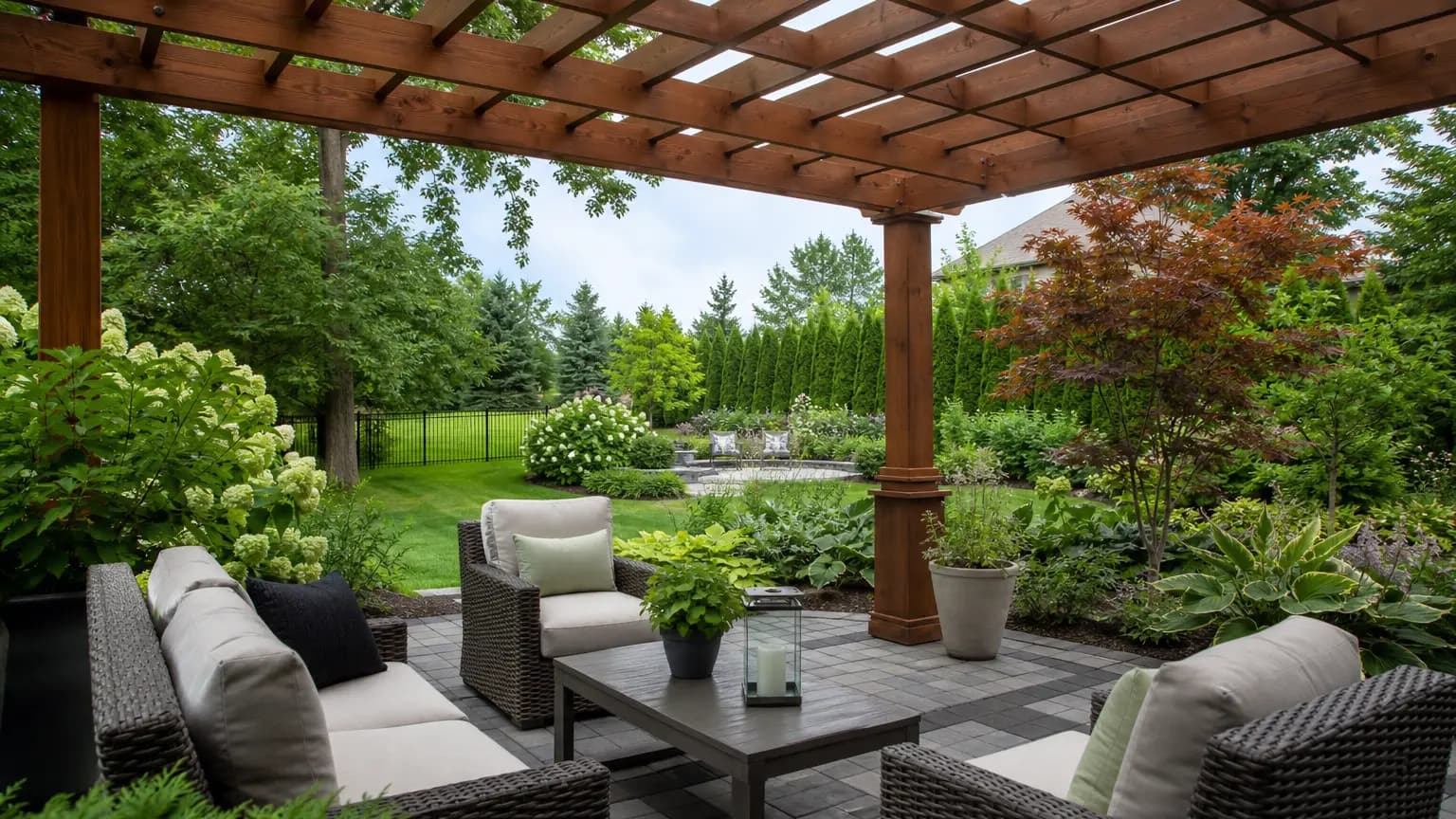 Finished cedar pergola over a paver patio.