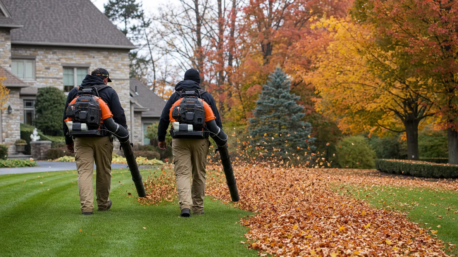 Autumn leaf cleanup on a large lawn.