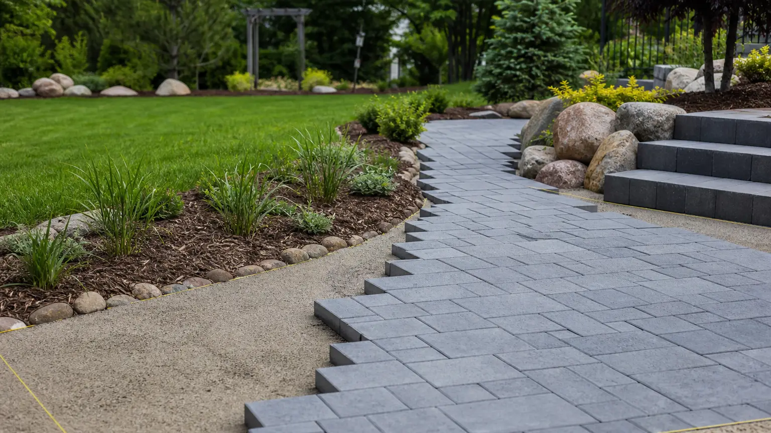 Interlocking pavers being installed on a compacted base.