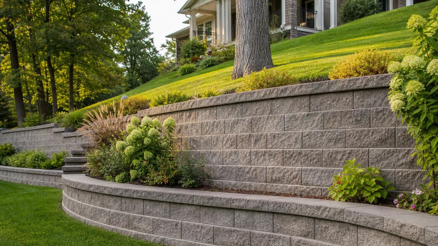 Finished segmental block retaining wall terracing a yard.